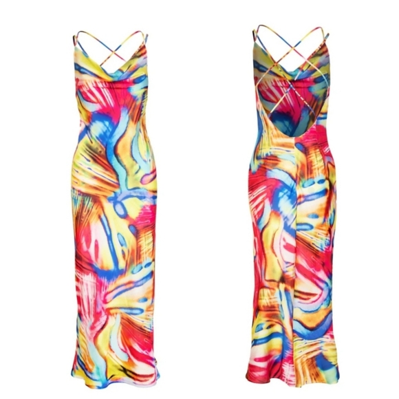 Cosel Anthos Vacation Coral Rainbow Psychedelic Exposed Back Midi Dress Sz 6 NWT - Picture 4 of 10